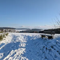 A bench sitting in the middle of a snow covered field