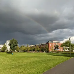 A rainbow in the grey sky above the park