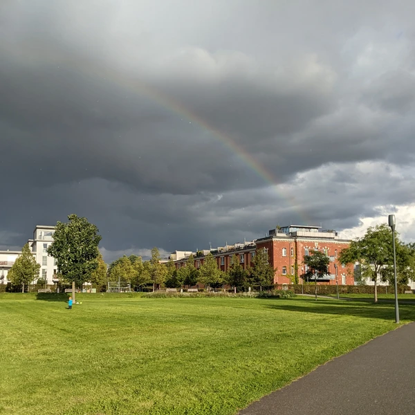 A rainbow in the grey sky above the park