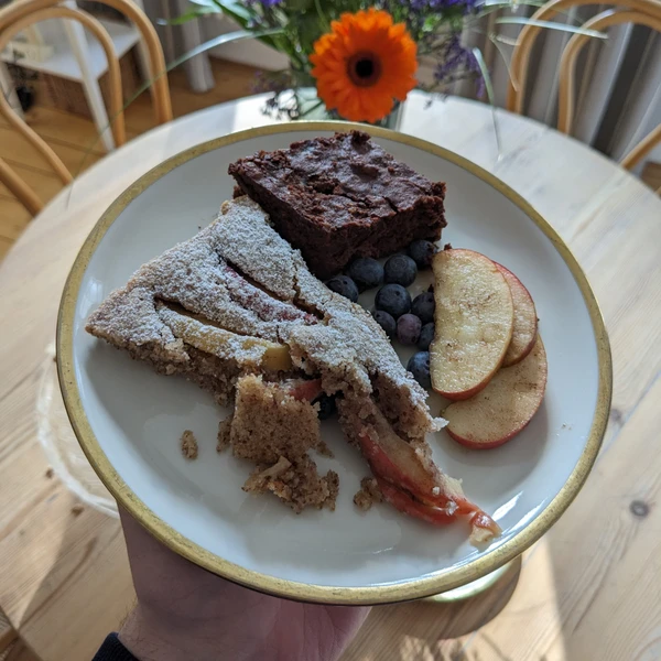 A plate with two pieces of cake, apple pieces and blueberries